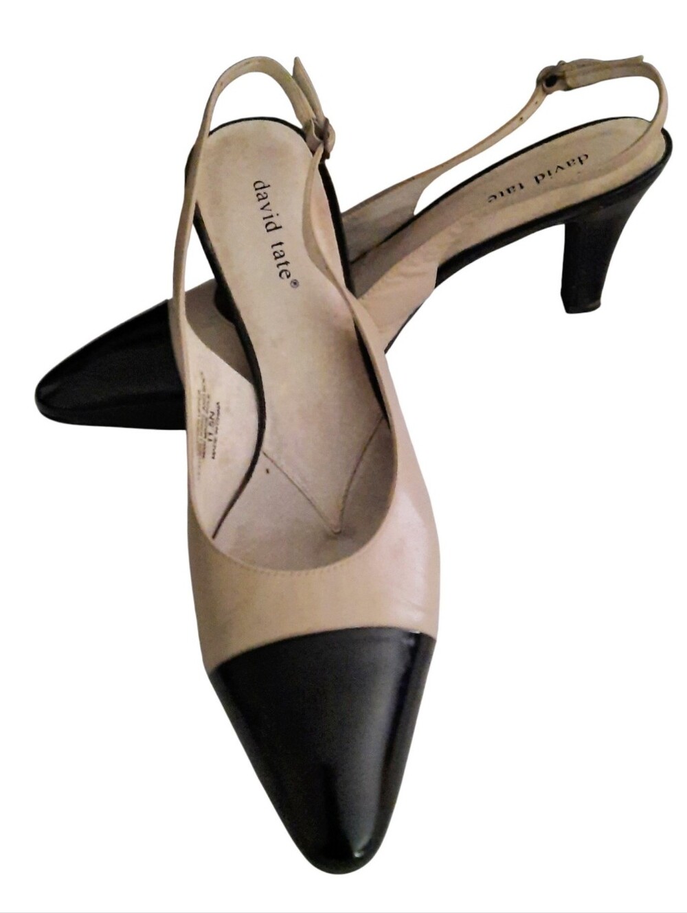 DAVID TATE Grace Leather Cap Toe Slingback Pumps Beige/Black Sz 11.5 N
